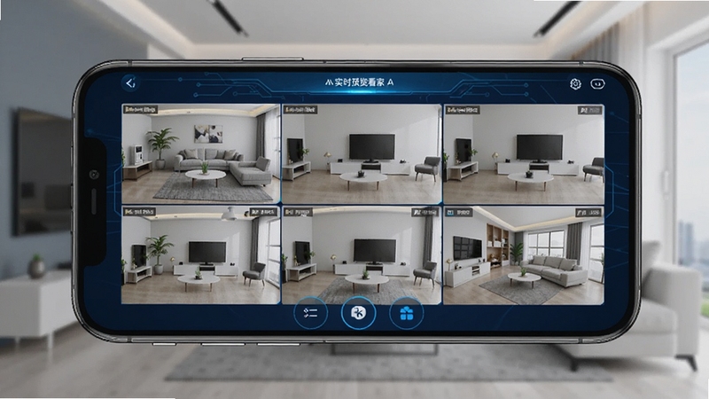 移动监控看家实时预览功能界面,手机屏幕显示多路摄像头画面分屏布局,背景为现代家居环境,蓝色科技感UI配色,清晰展示画面切换按钮