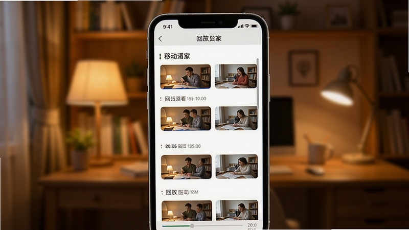 移动监控看家录像回看功能展示,手机界面呈现时间轴录像列表,背景为书房环境,暖色调灯光,界面简洁清晰,突出回放进度条