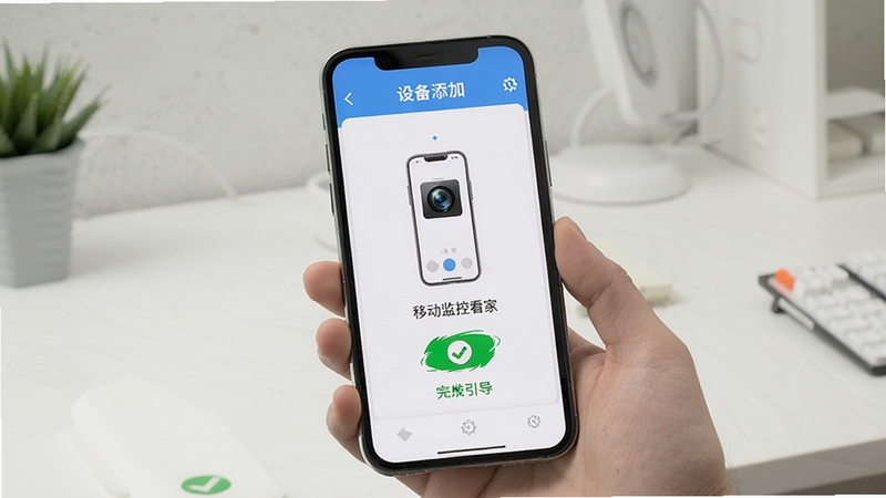 移动监控看家安装设置引导界面,手机屏幕显示设备添加步骤图示,背景为简洁桌面环境,绿色对勾标识突出操作完成状态