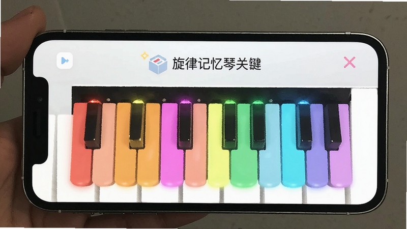 记忆的琴键 旋律记忆闯关界面 彩色琴键发光 简约清新风格 手机屏幕展示