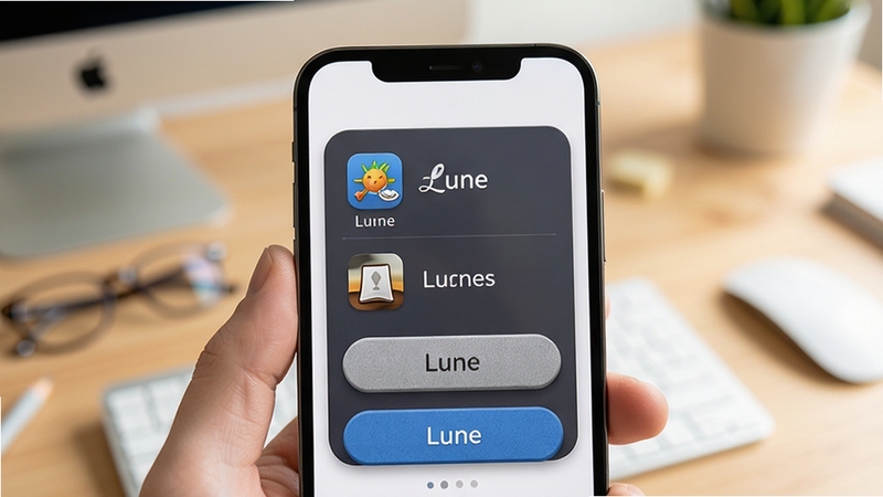 Lune应用功能面板特写图,展示简洁直观的交互界面与清晰的功能分区,手机屏幕居中,背景为柔和的工作台环境,画面细节突出图标与按钮的质感,整体色调明亮舒适