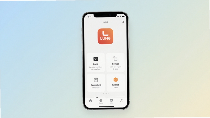 Lune软件主界面简洁清爽的移动端工具应用展示图,画面中心为手机屏幕,屏幕内呈现Lune应用图标与极简功能面板,背景为浅色渐变环境,整体风格现代干净,突出轻量工具属性