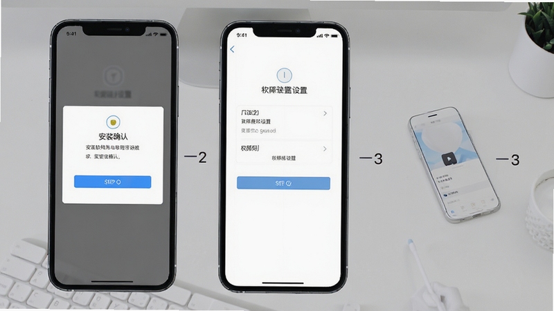 Lune软件安装与设置操作流程图,画面展示手机屏幕上的安装确认界面与权限设置页面,旁边配有简洁的步骤序号标识,背景为浅灰色桌面环境,整体风格清晰易懂