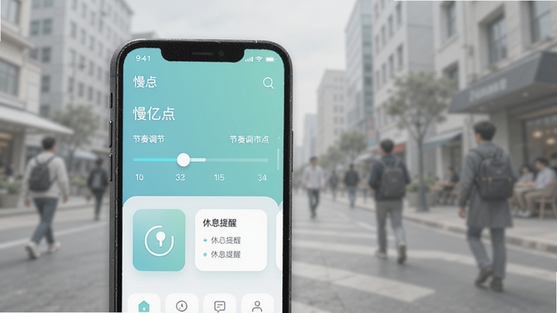 软件名称慢亿点核心全貌展示,画面主体位于正中偏左区域,一部智能手机屏幕上呈现慢亿点应用主界面,界面以柔和的蓝绿色调为主,显示节奏调节滑块与休息提醒卡片,背景为浅灰色虚化的城市生活场景,光线柔和自然,整体风格简洁清新,适配Boogu模型生成