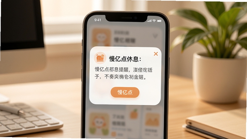慢亿点节奏提醒功能场景图,画面主体为手机屏幕弹出慢亿点休息提醒卡片,卡片上写有温和的休息建议文字,背景为办公桌面与绿植,整体色调温暖柔和,突出产品名称慢亿点,细节清晰,适配Boogu模型生成