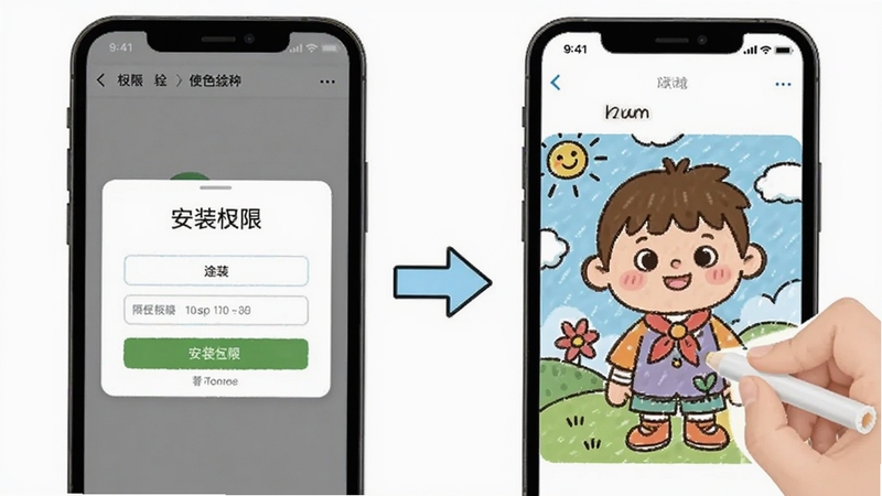 数字涂色绘本使用教程示意图,画面展示手机屏幕上的安装权限设置页面与填色操作步骤,配有简洁的箭头指引