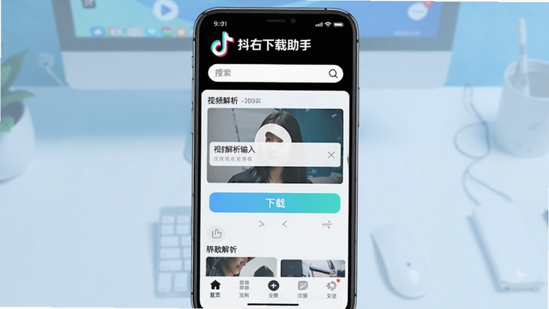 抖音下载助手软件主界面展示,画面中央为手机屏幕中的软件首页,顶部显示抖音下载助手字样与搜索框,中部为视频解析输入区与下载按钮,底部为功能导航栏,背景为浅蓝色渐变桌面环境,整体风格清爽简洁,适配Boogu模型生成