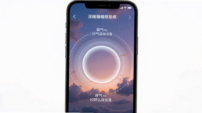 深睡睡眠助理呼吸训练引导界面,手机屏幕中央显示一个缓慢缩放的光圈动画,周围配有吸气与呼气的文字提示,背景为渐变的暮色天空与云朵,画面风格柔和宁静,体现呼吸放松训练的节奏感与引导性