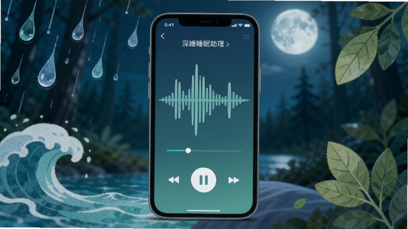 深睡睡眠助理环境音播放界面,手机屏幕显示声音波形与播放控制按钮,周围环绕着雨滴、海浪、树叶等自然元素插画,整体色彩以蓝绿色调为主,背景为虚化的夜间森林与月光场景,画面安静柔和,体现助眠声音播放的沉浸感
