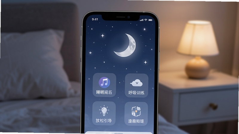 深睡睡眠助理应用主界面展示,画面中央为手机屏幕特写,屏幕内呈现柔和的深蓝色夜空背景与月亮元素,界面布局包含睡眠音乐、呼吸训练、放松引导等功能入口图标,整体色调沉静舒适,背景区域为模糊的卧室床头柜与暖色小夜灯,营造安静睡前氛围,画面风格清新简约,适配移动应用展示场景