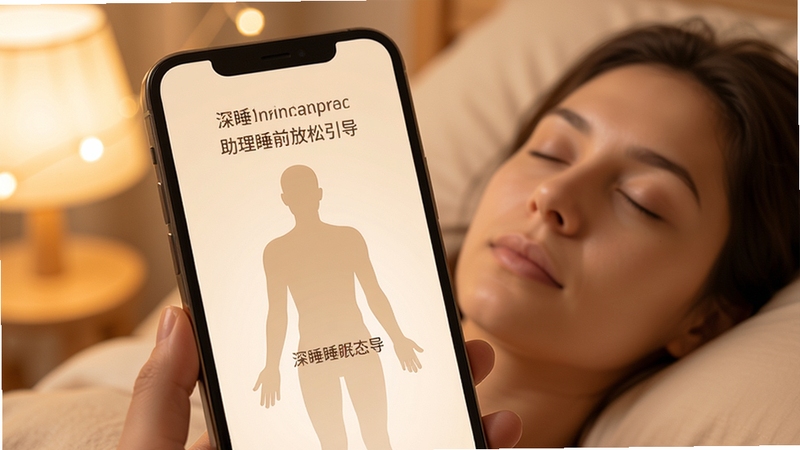 深睡睡眠助理睡前放松引导页面,手机屏幕显示人体轮廓与舒缓的引导文字,背景为温暖的米色调与柔光效果,画面中有一双闭眼放松的面部特写虚化处理,整体氛围安静舒适,体现睡前放松引导的温和感