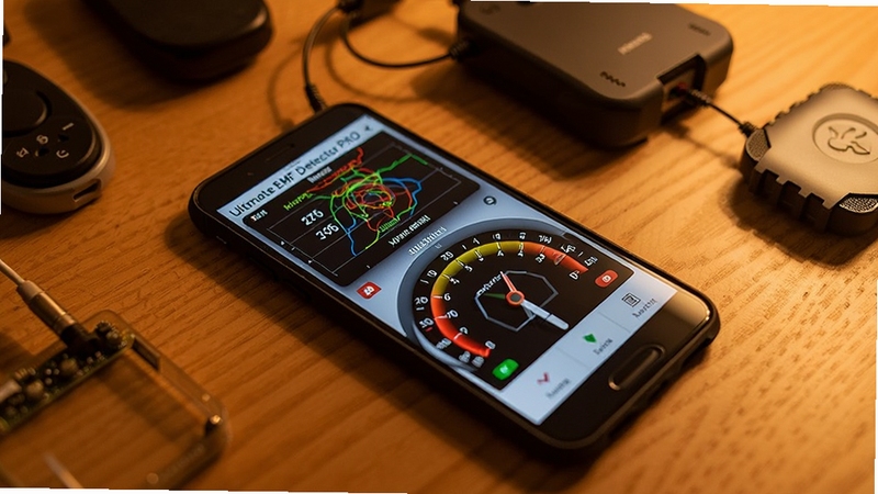 一部手机平放在木质桌面上,屏幕显示Ultimate EMF Detector PRO的实时磁场数值与动态指针仪表盘,旁边放置几件小型电子设备,画面为暖色调室内场景,细节清晰
