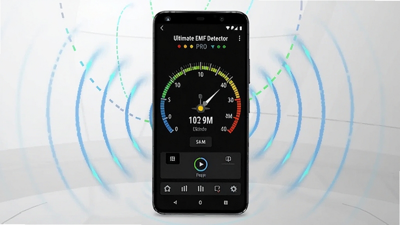 画面主体为一部居中放置的安卓智能手机,屏幕显示Ultimate EMF Detector PRO的磁场数值仪表盘界面,背景为浅灰色科技感渐变空间,四周环绕淡蓝色电磁波纹线条,整体风格简洁明亮,适配Boogu模型生成