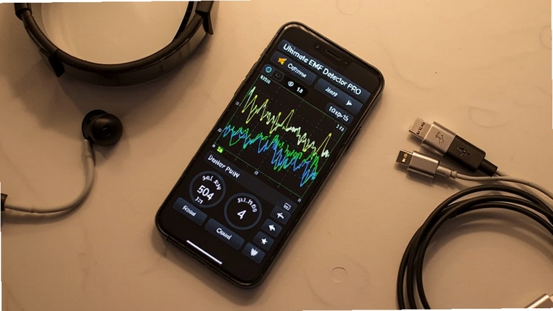 一部手机在桌面上运行Ultimate EMF Detector PRO,屏幕显示波形曲线与数值,旁边有耳机与充电线,画面为俯视角度,光线柔和,突出检测场景