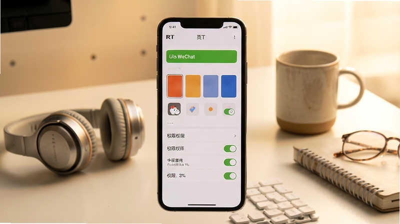 RT WeChat 设置页面展示,手机界面呈现主题配色选择与权限开关列表,背景为简约桌面环境,旁边放置耳机与水杯等生活物件,色调温暖,体现个性化与易用性