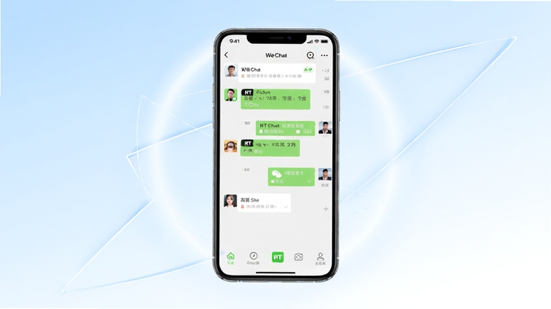 RT WeChat 软件主界面展示,居中放置手机样机,屏幕内呈现简洁聊天列表与功能入口,背景为浅蓝到白色渐变,四周点缀柔和光晕与几何线条,整体风格清爽现代,适配 Boogu 模型生成
