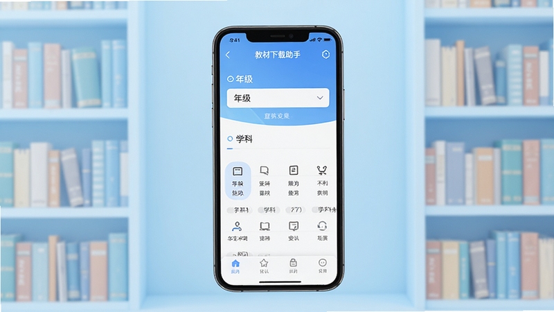 教材下载助手软件主界面全貌展示,画面中央为手机屏幕内教材下载助手应用首页,背景为浅蓝色渐变书架场景,屏幕内可见年级选择与学科分类入口,整体风格清爽简洁,适配Boogu模型生成