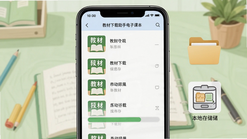 教材下载助手电子课本下载保存流程界面,手机屏幕显示教材列表与下载进度条,旁边有文件夹图标和本地存储示意,背景为淡绿色学习桌面场景,画面细节清晰,适配Boogu模型生成
