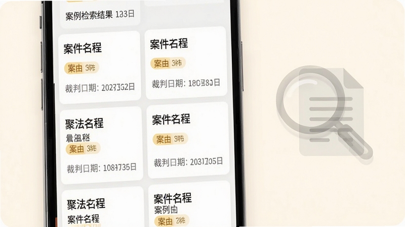聚法案例软件内案例检索结果页面的预览图,画面展示手机屏幕上排列整齐的案例卡片列表,每张卡片包含案件名称、案由标签与裁判日期,背景为柔和的米白色调,右侧点缀半透明的放大镜与文档图标,体现检索与阅读的核心场景