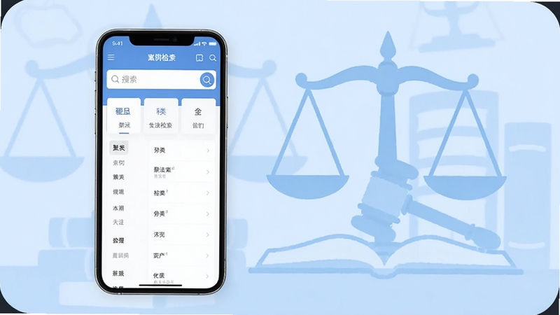 一张展示聚法案例手机应用主界面的产品全貌图,画面中央偏左位置放置一部现代智能手机,屏幕内清晰呈现聚法案例APP的案例检索首页,包含搜索框与分类导航,背景区域为浅蓝色的抽象法律天平与书籍剪影元素,整体风格简洁商务,适配Boogu模型生成