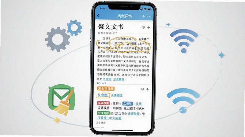 聚法案例移动端操作界面示意图,画面中央展示一部手机屏幕,屏幕上呈现案例详情阅读页,包含文书正文与法条链接标签,手机周围环绕着齿轮、缓存清理图标与WiFi信号标识,背景为浅灰色渐变,体现安装设置与运行优化的场景