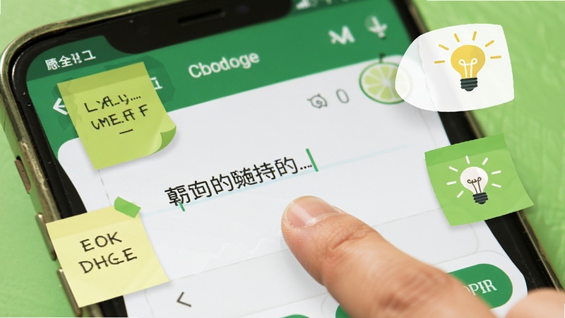 大柠檬应用速记界面特写,手指轻触屏幕输入文字,周围漂浮便签与灯泡图标,清新绿色调,扁平化设计,体现灵感记录场景