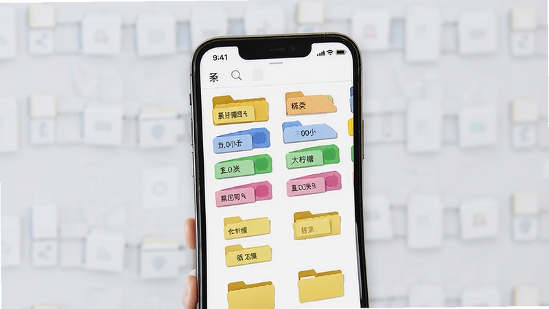 大柠檬素材管理界面,彩色标签与文件夹整齐排列,手机屏幕展示分类列表,背景为柔和浅灰,简约商务风格,体现素材归类功能