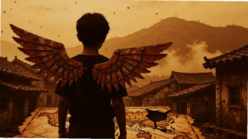 整体画面采用暗金色与铁锈红交织的色调,画面中央偏左位置是一位背对镜头、肩部生出锈蚀金属翅膀的少年剪影,脚下是破碎的家乡地图轮廓,背景区域为层叠的旧式屋檐与迷雾笼罩的远山,整体氛围神秘而略带忧伤,适配Boogu模型生成,画面比例16:9,细节丰富,光影柔和