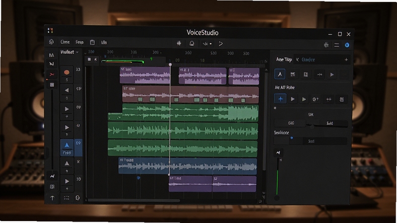 VoiceStudio�����༭���棬��Ļ����ʾ�����������滻������壬����Ϊ¼�����Χ����͵ƹ⣬��������VoiceStudio�����ڽ��涥���������������