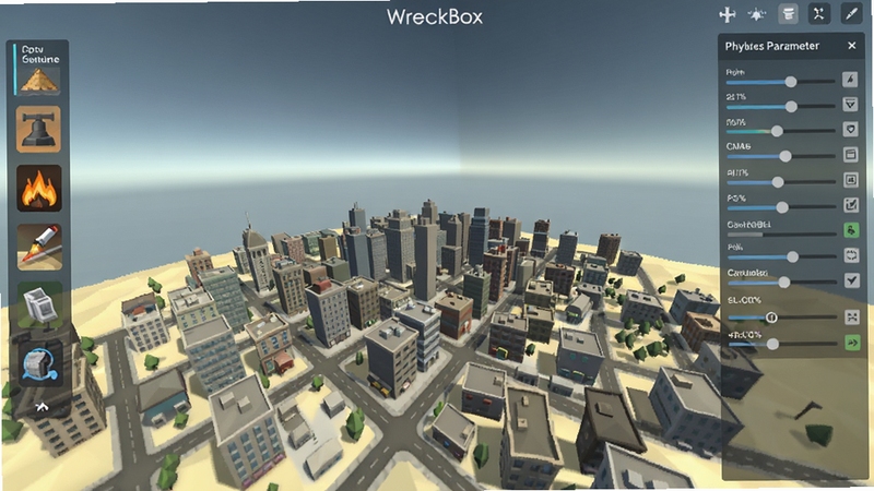 灾难模拟器WreckBox主界面全景展示,画面中央是3D沙盒城市俯瞰视角,左侧竖排灾害选择工具栏,右侧显示物理参数调节面板,背景为渐变蓝灰色天空与低多边形建筑群,整体风格清爽简洁,适配Boogu模型生成