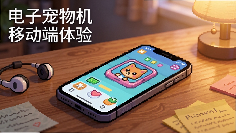 像素画风场景,画面展示一部智能手机斜放在木质桌面上,屏幕内运行电子宠物机应用界面,旁边散落耳机与便签纸,背景为柔和室内光线,画面左上角以像素字体标注“电子宠物机 移动端体验”,整体氛围轻松生活化,适合生成配图