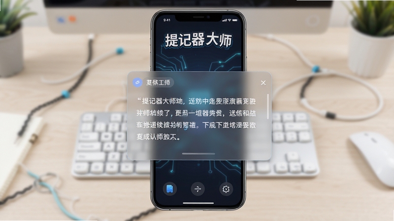 软件主界面全景展示,手机屏幕中央悬浮着半透明提词窗口,背景是简洁的浅色工作台,提词器大师软件名称醒目显示在画面顶部,整体风格清爽科技感,适配Boogu模型生成