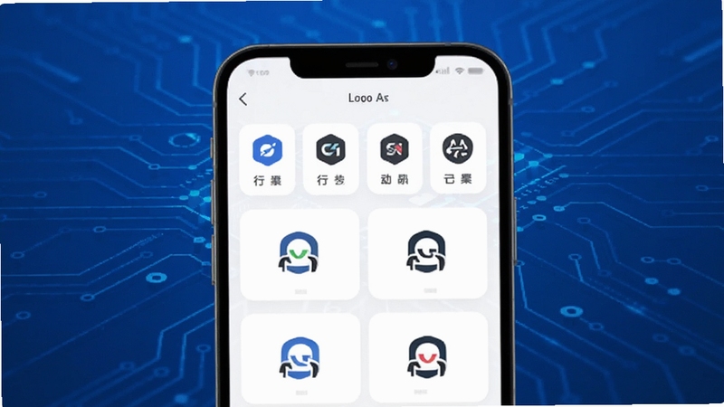 一键logo设计 智能模板匹配界面 手机屏幕显示行业分类图标与多套logo方案 蓝色科技感背景 简约商务风格 品牌视觉生成场景
