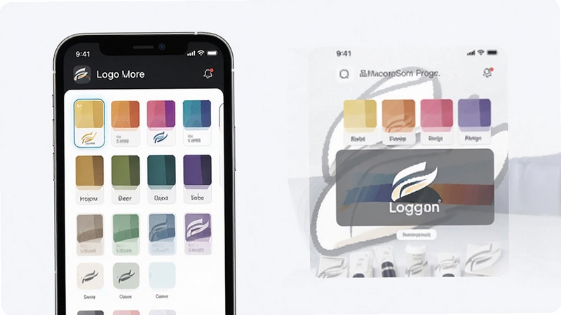 一键logo设计 配色方案选择面板 手机界面展示色板与logo预览 色彩丰富 现代UI设计 品牌色彩管理 清爽浅色背景