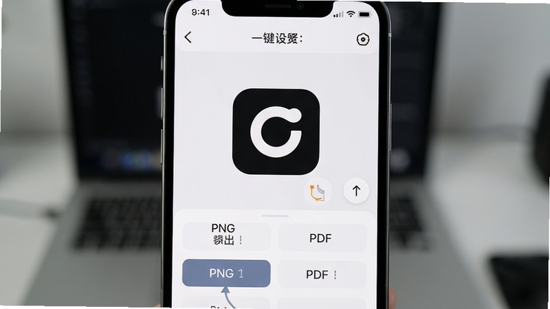 一键logo设计 导出设置界面 手机屏幕显示PNG PDF格式选项 高清导出参数面板 简洁工具类UI 浅灰背景 操作指引场景