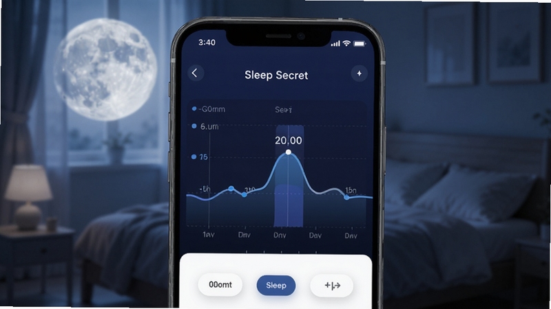 Boogu-Image生成一张展示Sleep Secret应用夜间睡眠记录界面的手机屏幕特写,画面中央是深蓝色调的睡眠曲线图表,背景为柔和月光与卧室剪影,整体风格科技感与温馨感结合,细节清晰