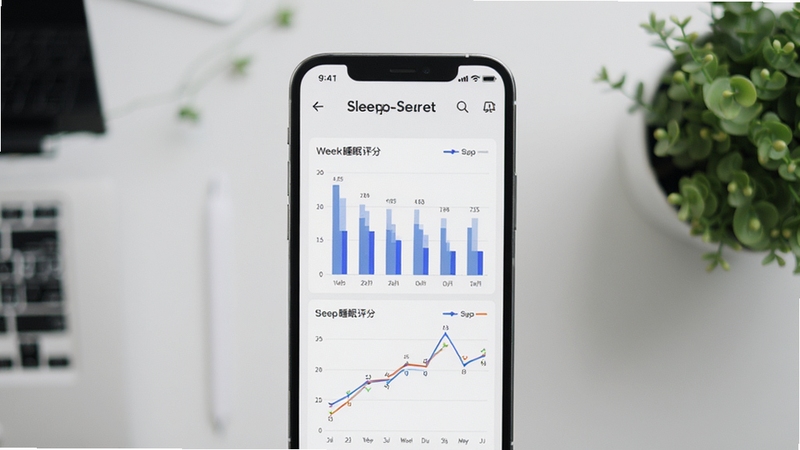 Boogu-Image生成一张Sleep Secret睡眠趋势分析页面示意图,画面主体为手机屏幕显示一周睡眠评分柱状图与折线趋势,背景为浅灰色办公桌面与绿植,风格清新简约,突出数据可视化细节
