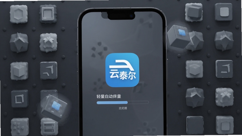 画面主体为一部手机屏幕中央显示云泰尔应用图标与轻量启动进度条,背景为深灰色科技质感空间,周围漂浮着象征内存与存储的几何方块,方块体积小巧排列整齐,整体色调冷静克制,突出轻量与低占用概念,3D渲染风格,光影柔和