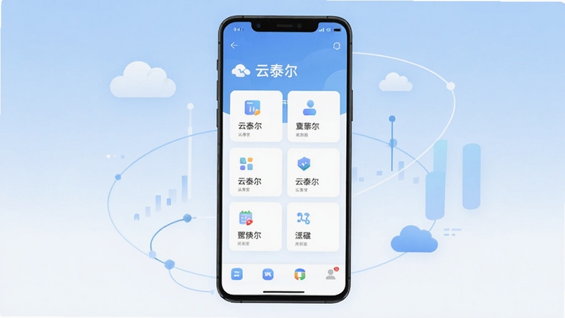 整体画面以一部竖屏安卓手机为视觉中心,手机屏幕显示云泰尔应用主界面,界面干净清爽带有功能卡片布局,背景为浅蓝到白色的柔和渐变,四周点缀抽象的云朵与数据线条元素,画面风格为现代扁平化UI展示图,光线明亮均匀,构图居中稳定,适配Boogu模型生成