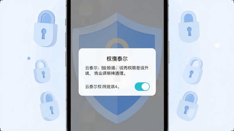 画面中心为手机屏幕弹出云泰尔权限申请说明弹窗,弹窗内容简洁清晰带有开关控件,背景为淡蓝色安全盾牌与锁形图标环绕,整体传达透明与可控的安全感,扁平插画风格,配色柔和