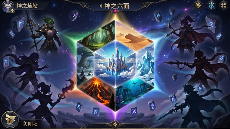 整体画面展现一款名为神之六面的二次元幻想风格手游主界面,画面中央悬浮着散发六色光芒的立体六面晶体,六个面分别映照出森林、沙漠、冰川、火山、天空城与深海遗迹的微缩场景,周围环绕着数位造型各异的英雄剪影,背景为浩瀚星海与漂浮的符文石块,整体色调以深蓝与紫金为主,光影层次丰富,构图饱满大气,适合作为下载站软件介绍头图
