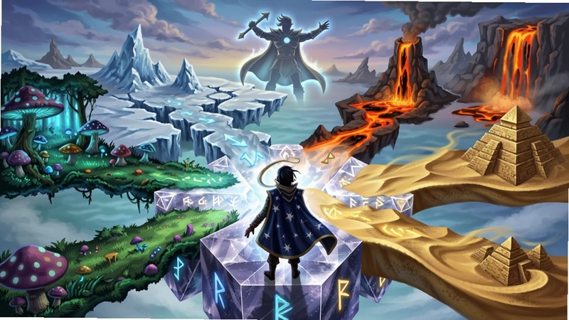 画面描绘一位身披星纹斗篷的旅者站在六面晶体平台边缘,前方六个方向延伸出截然不同的奇幻地貌通道,左侧是荧光蘑菇森林,右侧是流沙金字塔,远处可见冰川裂谷与熔岩瀑布,晶体表面刻有发光符文,天空中有半透明的英雄虚影指引方向,整体采用高饱和幻想插画风格,细节丰富,突出神之六面多维探索的核心概念