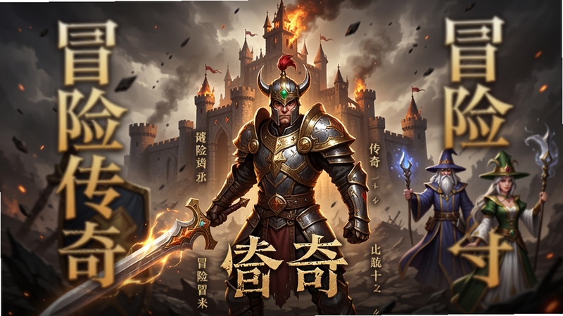 画面中央为一位身穿复古铠甲、手持发光长剑的战士角色,背后是燃烧的城堡与飘散的灰烬,远处有法师与道士职业角色并肩而立,整体色调偏暗金与赤红,史诗奇幻风格,竖版手游宣传构图,画面中融入冒险传奇四个艺术字,细节丰富,光影层次分明