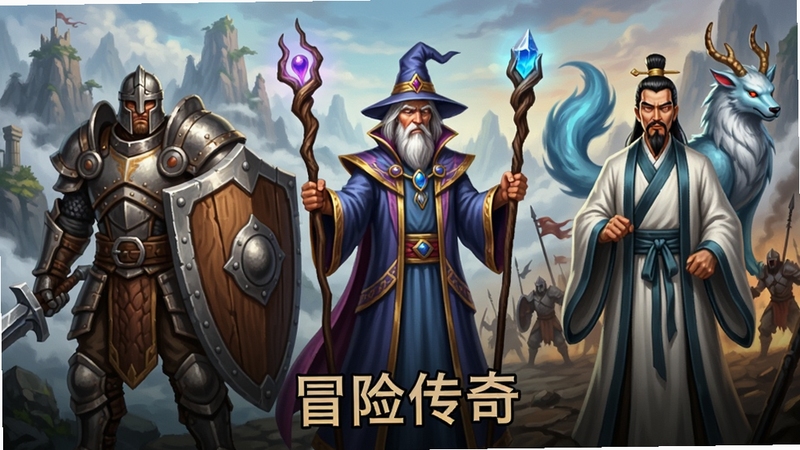 三位风格迥异的奇幻角色并排站立,左侧是重甲战士手持巨盾,中间是身披法袍手持法杖的法师,右侧是身着道袍伴随神兽的道士,背景为云雾缭绕的仙山与古战场,色彩鲜明,角色细节精致,画面下方带有冒险传奇字样,游戏角色展示风格