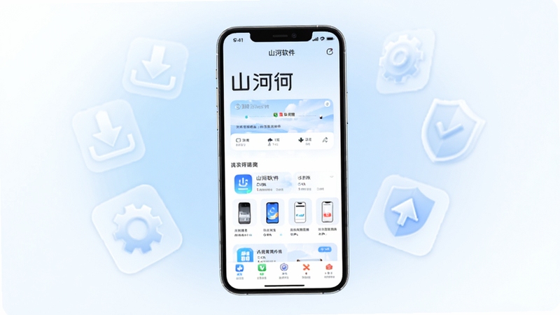 整体画面以一部竖屏手机为中心,屏幕显示山河软件清爽的首页界面,背景是淡蓝渐变到浅白的柔和光晕,周围漂浮着下载箭头、齿轮、盾牌等半透明图标,构图居中稳定,风格简洁现代,适合应用商店展示图,画面包含山河字样