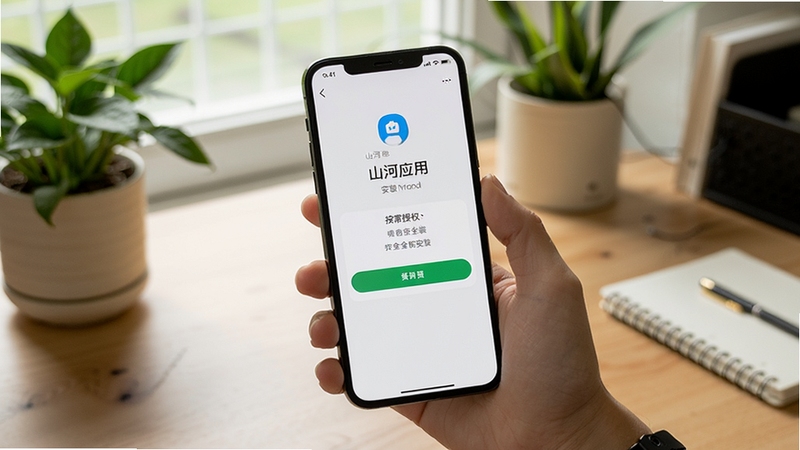 一只手拿着手机,屏幕显示山河应用安装完成后的权限设置页面,背景是书桌与绿植,光线自然,画面传达按需授权与安全安装的主题,画面包含山河