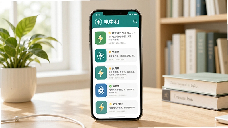 软件名称电中和,画面主体为手机界面展示电力知识科普文章列表,页面中有安全用电图标与知识卡片,背景为明亮的书房环境,桌上摆放绿植与书籍,整体风格清新自然,体现学习与生活结合的场景