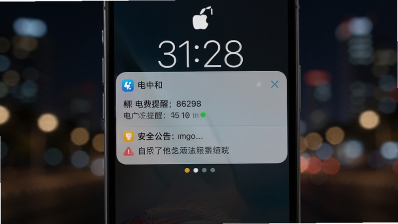 软件名称电中和,画面主体为手机锁屏界面弹出电中和消息通知卡片,通知内容包含电费提醒与安全公告,背景为夜晚城市灯光虚化效果,整体色调偏深色,突出通知的醒目与及时性,高清场景展示图