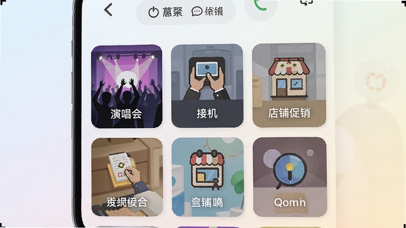 万能手持弹幕场景预设选择界面图,手机屏幕显示多个场景卡片选项,包含演唱会、接机、店铺促销等图标与文字说明,背景为柔和浅色,整体布局清晰直观