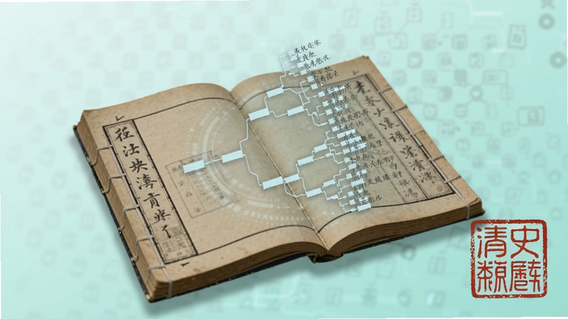 画面中央是一部打开的古籍线装书,书页上浮现出半透明的数字分类目录树,清史数据库字样以篆刻印章形式出现在右下角,背景为淡青色渐变,整体呈现古今交融的科技人文风格